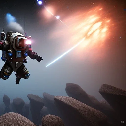 man with jetpacks in chapel floating up into the galaxy, lights, fog, detailed, realistic, 4k, hi def, core planet, one hit, meteor swishing past