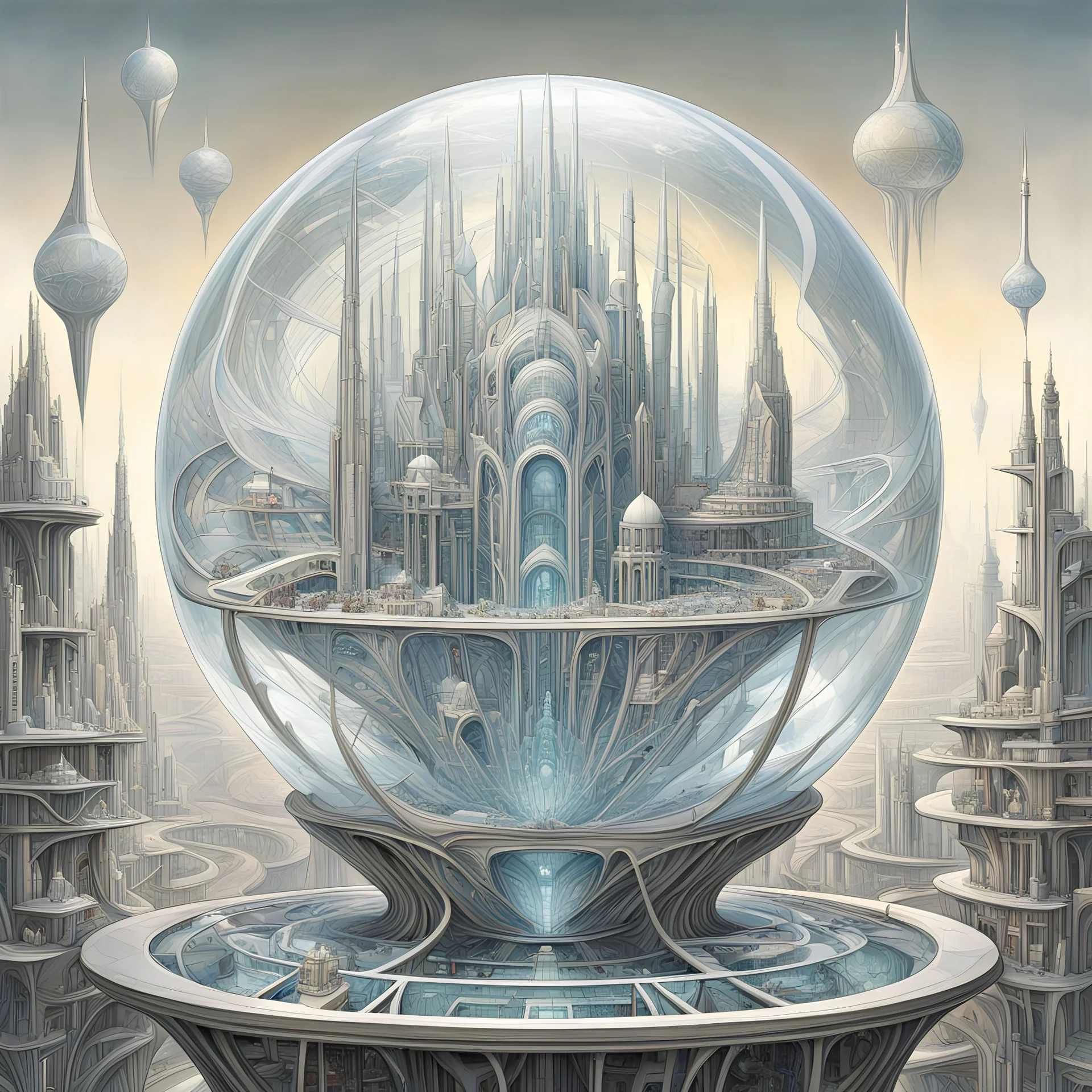 Inside a crystal globe exists a miniature futuristic perfect utopia, biomorphic white and silver flowing sleek buildings, by Kay Sage, by Daniel Merriam, by Peter Mohrbacher, surrealism, silverpoint illustration, technically perfect, sharp focus, bright colors, sharp contrast, maximalist, heavy intricate detail, Utopian.