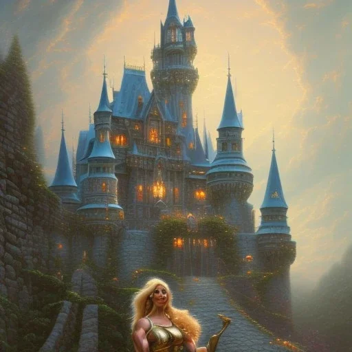 blonde female bodybuilder, castle fortress by thomas kinkade gerald brom whelan