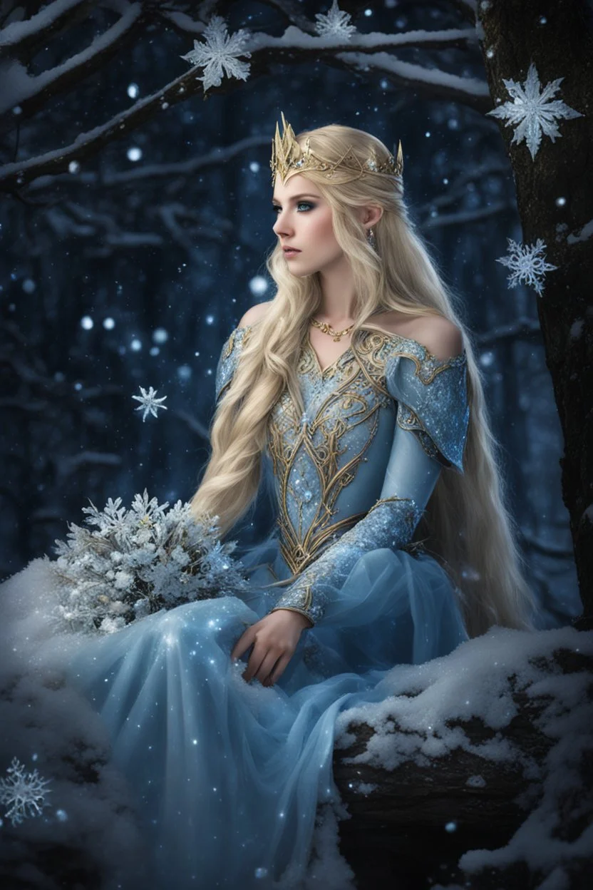 Elven princess,elven crown,long blonde golden hair,rapunzel hair,ice flowers,beautiful,light blue,dark blue,golden armor,sparkle,glitter,ice flowers,snow,elven ears,dark fairy princess