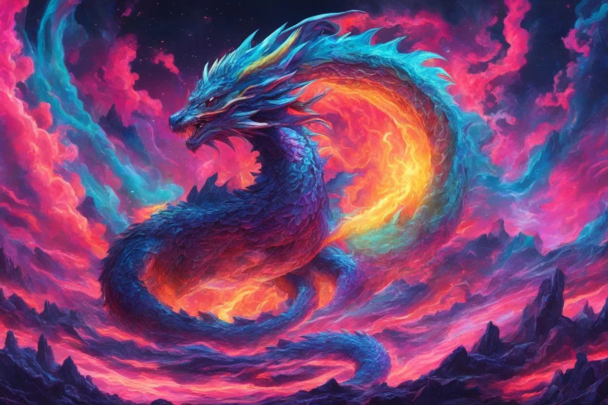 Dragon in a vibrant synthwave dreamscape, neon chaos swirling energetically around pixelated forms, a dynamic fusion of retro gaming nostalgia and futuristic abstraction