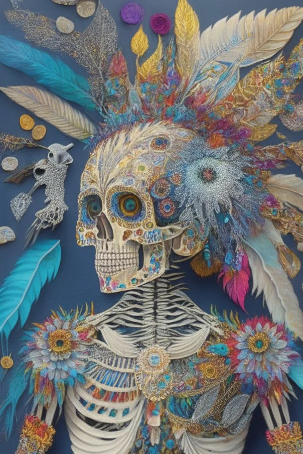 Painting entitled "If you only opened your mind, perhaps your brain could fall out"; neo-surreal skeleton wearing a designer outfit painstakingly sewed together from a patchwork of mixed media including feathers, foliage, flowers, gemstones, and shiny sequins that reflect the sun; quilling, award-winning, masterpiece, portfolio piece, fantastical, Intricate, provocative, superbly detailed, Holographic, Magnificent, Meticulous, Mysterious