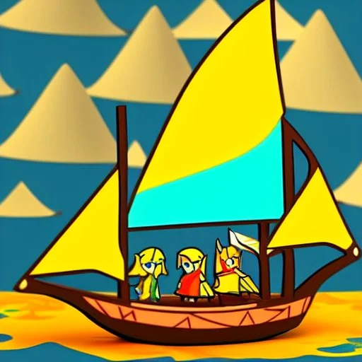 Legend Of Zelda: Wind Waker style Small wooden ship, with bright sails, on a vast ocean, stylized, colorful, adventurous, full view.