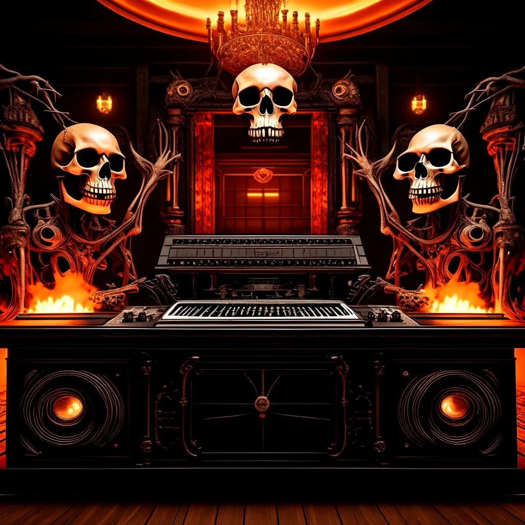 DJ of the damnded, insanely detailed DJ booth in hell, MID set, speakers and equipment made of bone, anatomically correct, add more skulls in th audience, photorealism, vray, 8k 3d