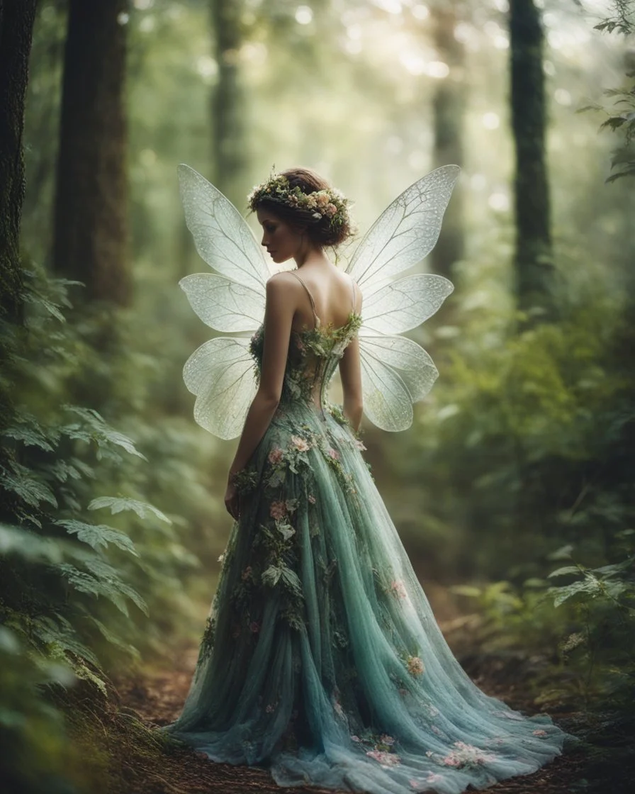 Gorgeous photography art realistic cinematic colors lens focus dslr canon,soft blur, beautiful Forest fairy with textured leaves and floral gown