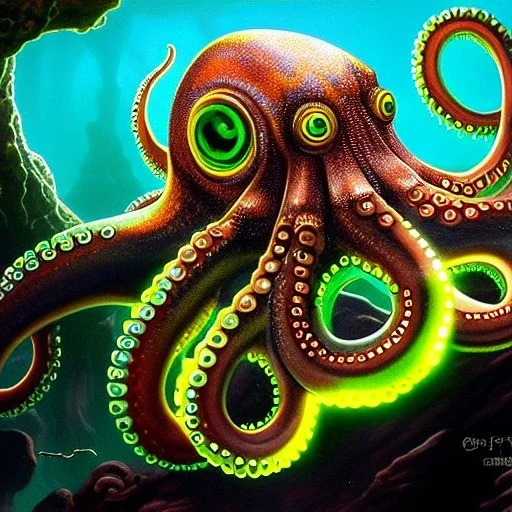 ultra detailed fullbody Drawing of a Cyborg octopuss on the shore ,metal body, open mouth, with sharp teeth, with glowing Green eyes, extremely detailed digital painting, intrincate, extremely detailed face,crystal clear Big eyes, in the style of Frank Frazetta, mystical colors , perfectly centered image, perfect composition, rim light, beautiful lighting, 8k, stunning scene, raytracing