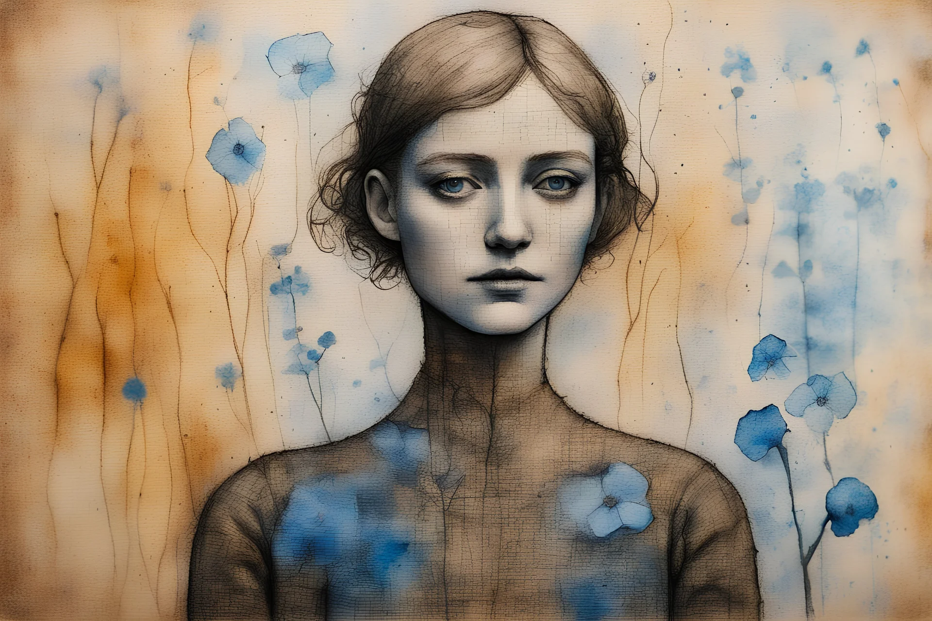 painted and burned burlap, forget-me-not woman, styles of Paul Klee Dee Nickerson and Tim Burton, melting watercolor and black ink outlines on wet paper, soft, shading strokes, in sunshine, ethereal, otherwordly, cinematic postprocessing, bokeh, dof