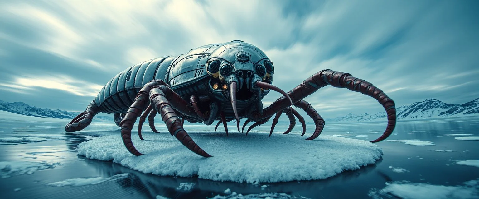 airbrush 3d rendering, frontal close up of alien underneath chrome centipede lobster huge space ship on small frozen island in lake, pinhole cam, background motion blur