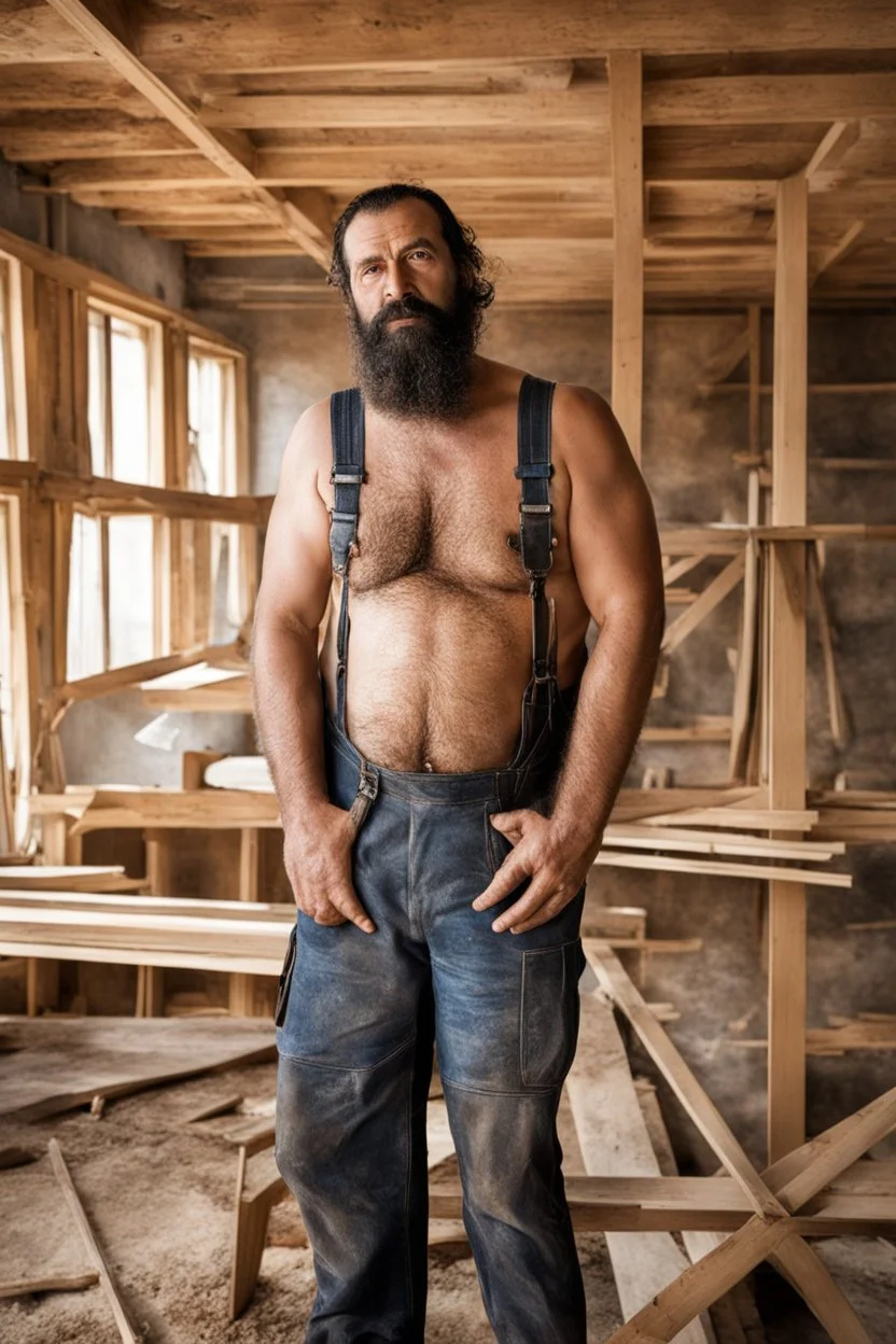 half figure shot photography of an ugly 44 year old stocky big chubby robust burly turkish carpenter embraced, dirty, wet, wearing bulging overalls, shirtless, hairy chest, serious, very virile, long beard, curly hair,, , in a sunny construction work area, photorealistic , photorealistic