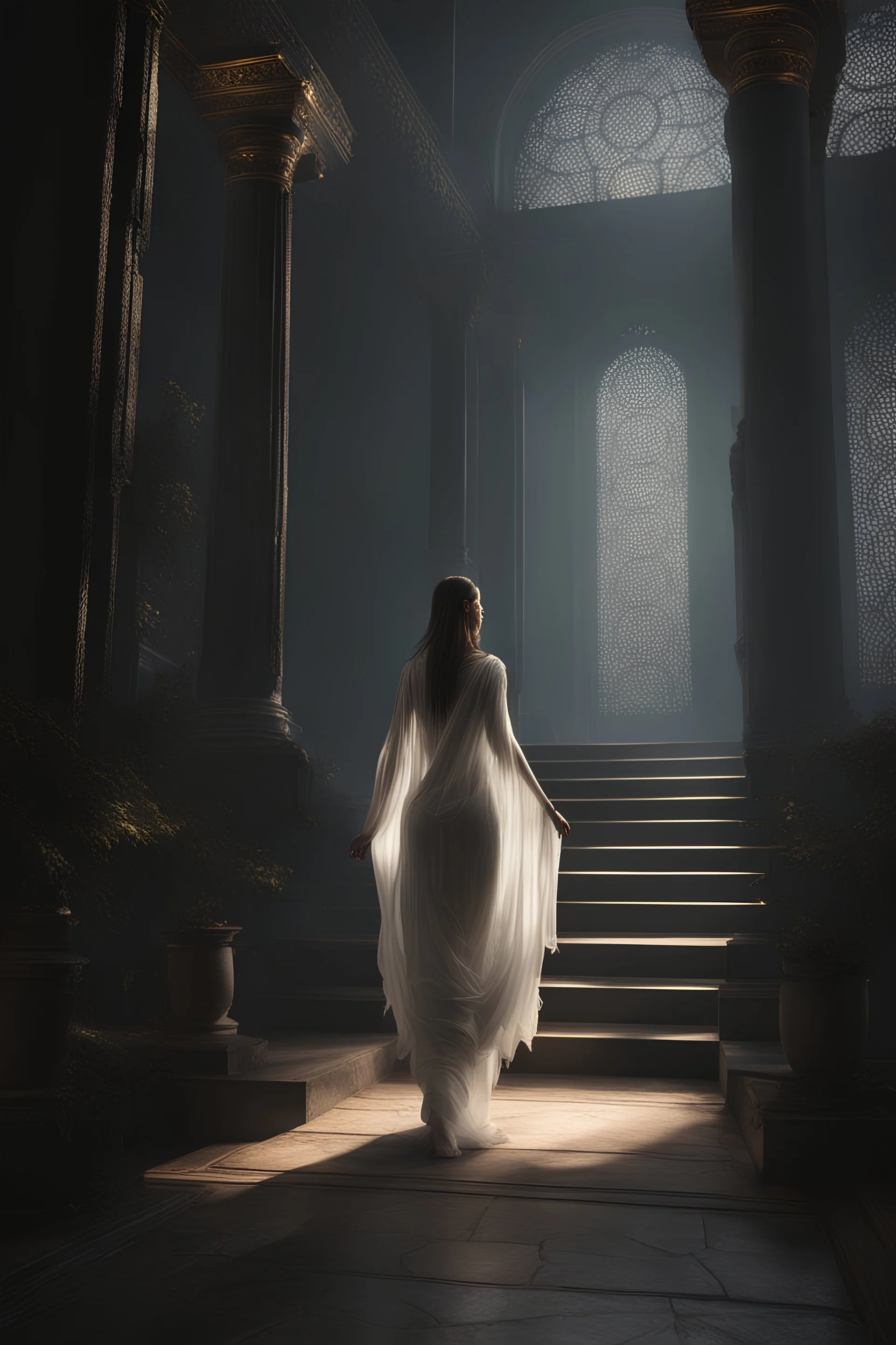 the goddess of death walking in her temple. volumetric fog, Hyperrealism, breathtaking, ultra realistic, unreal engine, ultra detailed, , cinematic lighting, highly detailed, breathtaking, stunning temple environment