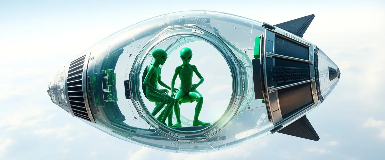 highly regular and hairy transparent soccer ball space ship with green alien director men inside, front flaps, ailrons