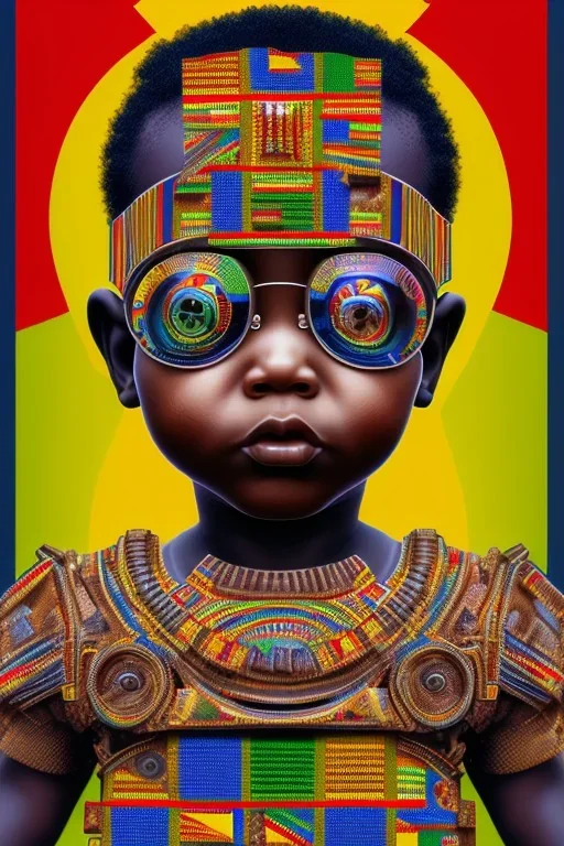 futuristic baby portrait in Kente, rusted clocks eyes, cinematic, scaffolding, ghana flag, african pattern symbols, engraved, 8k quality