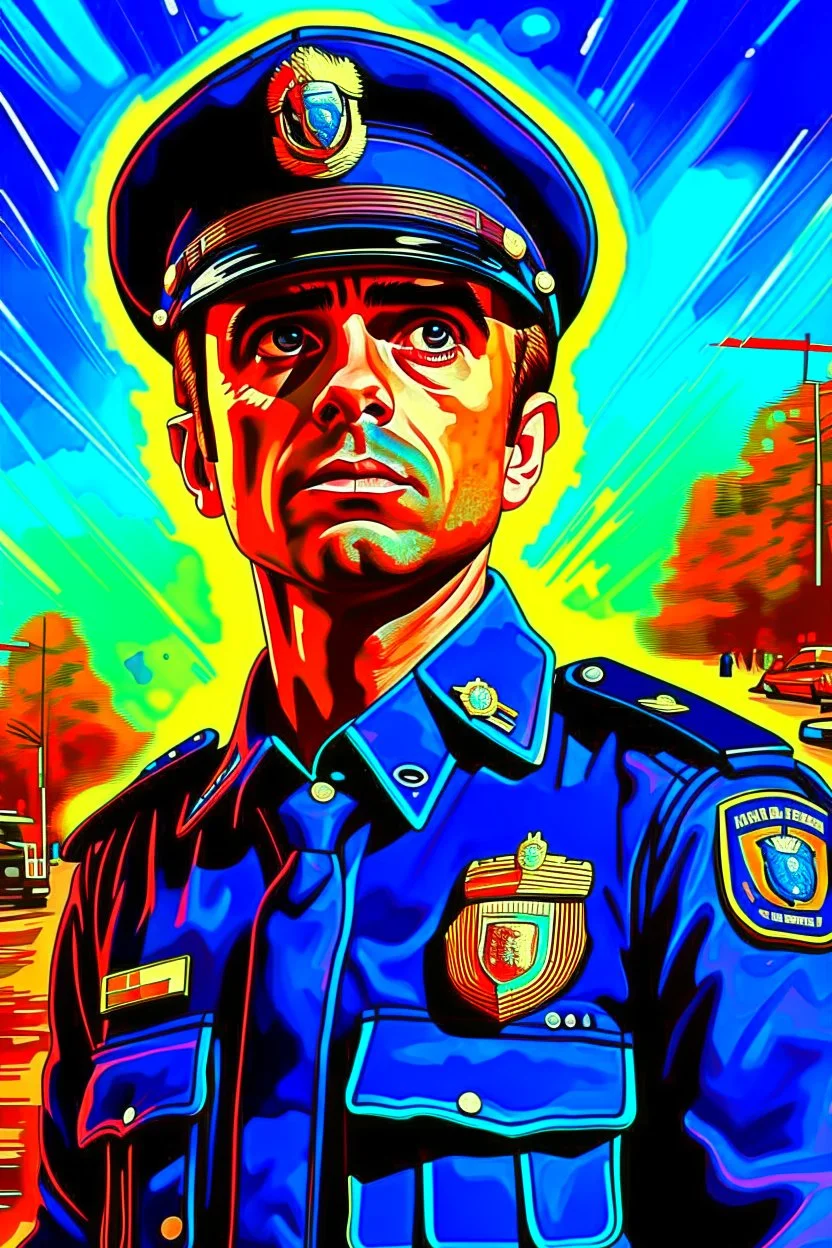 A movie poster of a American police officer,!ground level camera view looking up camera shots in the style of oil painting