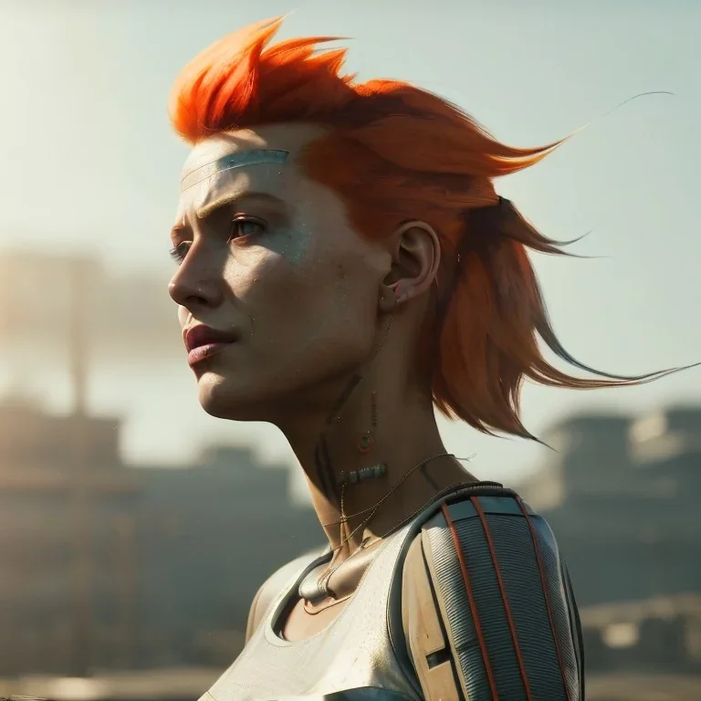 A beautiful portrait of a cyberpunk woman with lot's of grain on her skin red head with hair flying in the wind cyborg smiling facing camera orange color scheme, high key lighting, volumetric light high details with white stripes and feathers unreal 5, octane render, cinema4d, dynamic lighting, dramatic lighting, 4k, redshift render, highly detailed, hyper realistic