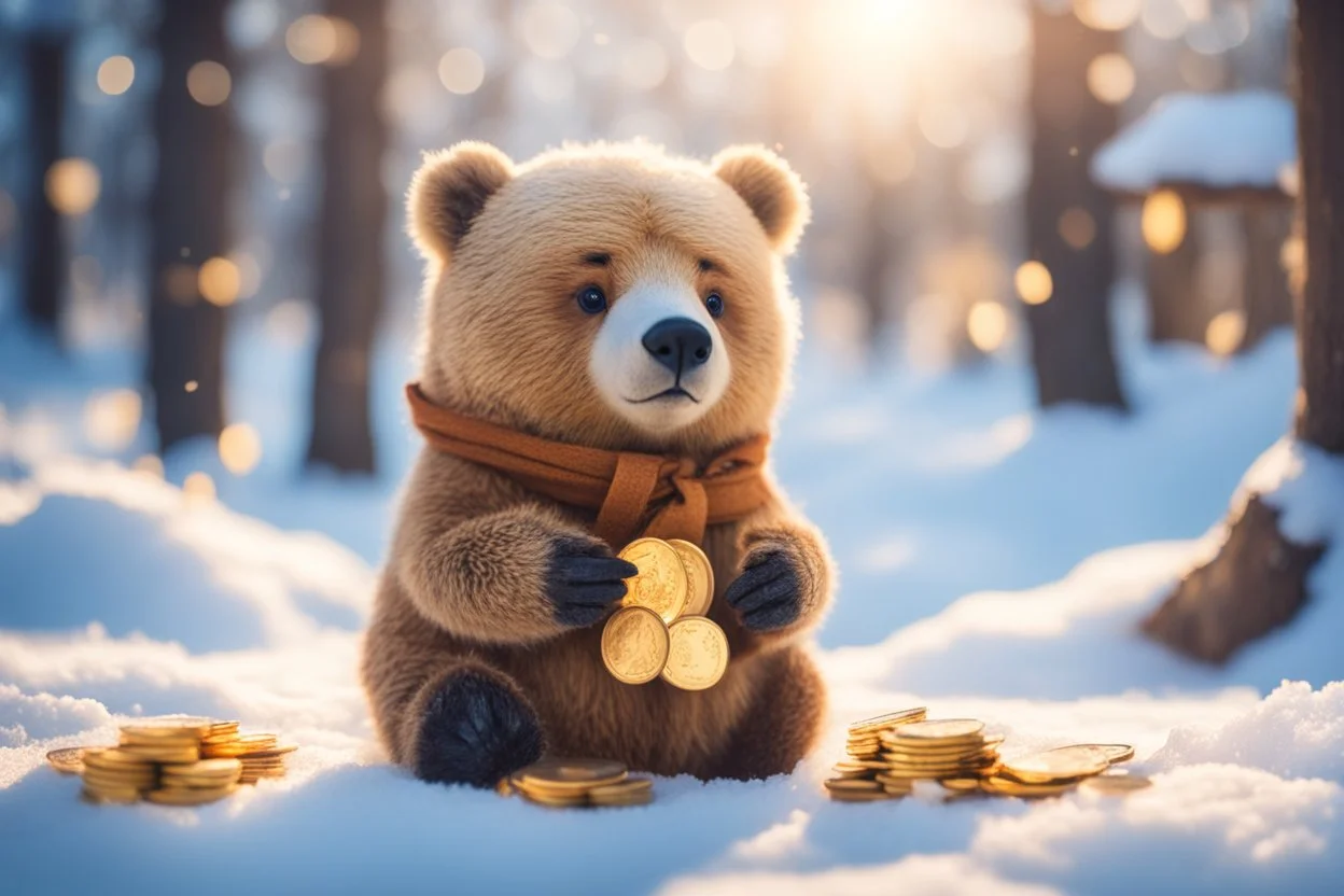 cute chibi bear sadly counting his money and golden coins in winter, snowy scene in sunshine, ethereal, cinematic postprocessing, bokeh, dof