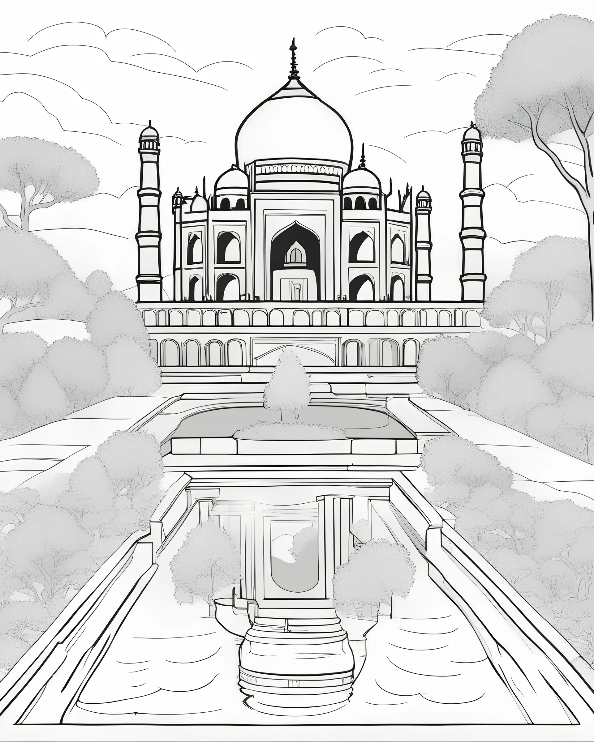 a coloring book, coloring page, depicting the Taj Mahal, with a scene of trees and a pool in front, cartoon style, highly defined, full body, white background, empty background, simple outlines