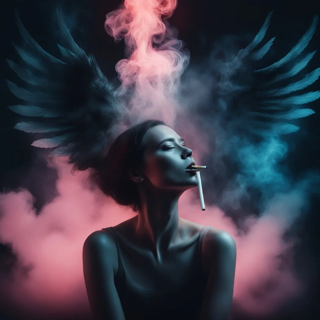 woman sitting forward Her face upward and blows cigarette smoke from their mouth upward. a figure with wings emerging from its back. behind the clouds of smoke look death. dark and mysterious neon light