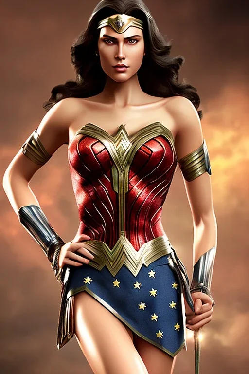 Portrait lady, full body shot, full-color long shot, style of Wonder Woman, skin-tight