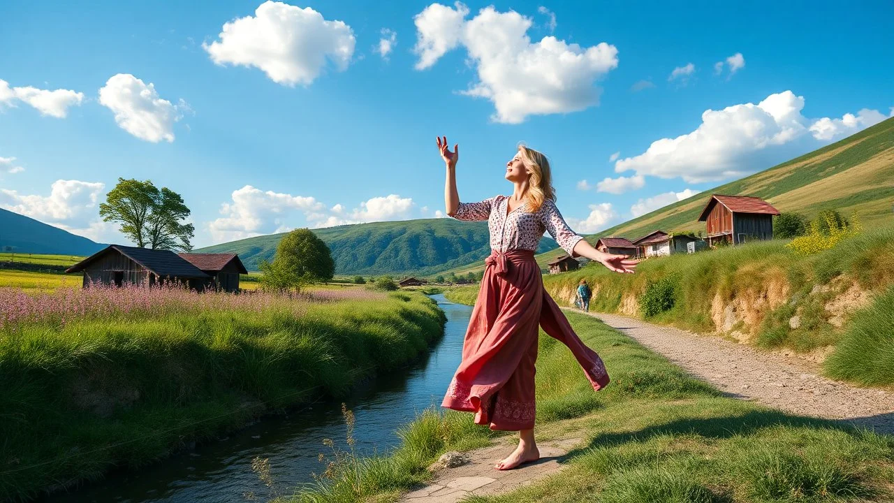 beautiful yaung german blonde lady in pants and shirt is dancing and singing in country side next to narrow river ,flowers blosome pretty clouds in blue sky ,few nice trees and country houses