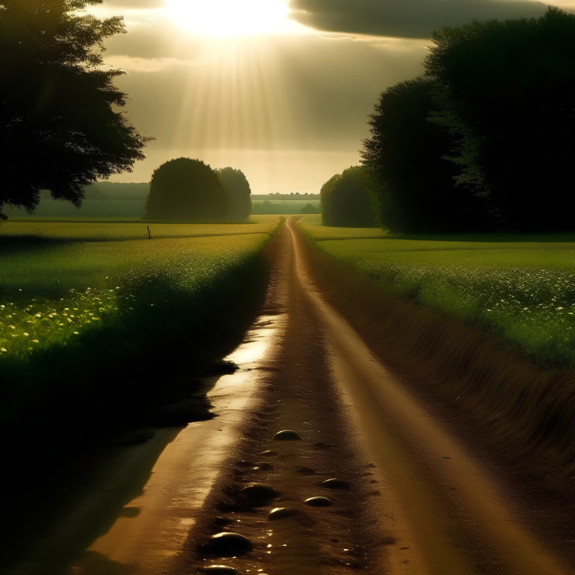 A road between farms at the end of which there is a bright light