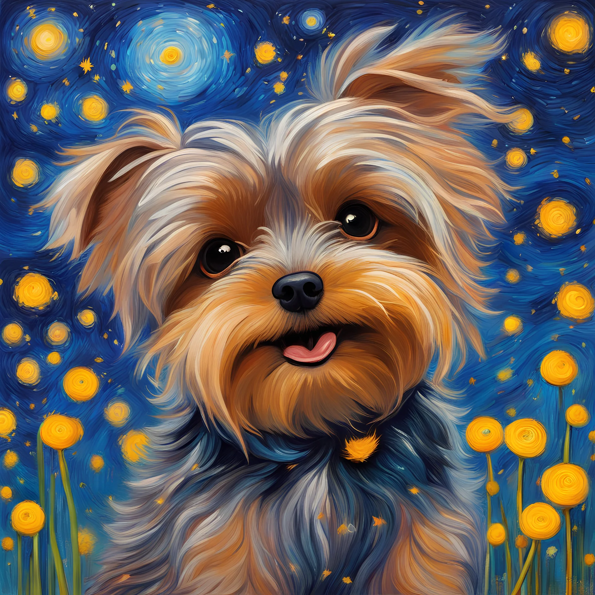 A painting of a cartoon Yorkie portrait in the style of Vincent van Gogh the starry night, thick paint, big brushstrokes; fresh vibrant graffiti oil painting art image; watching dandelion seeds in the wind, alcohol inks, chalks, oil pant, glitter, mixed media;fresh color;random color Zentangle patterns in the styles of Gustav Klimt, Wassily Kandinsky, Paul Klee, and Kay Nielsen that depicts a remote autumn forest glade, with fine in
