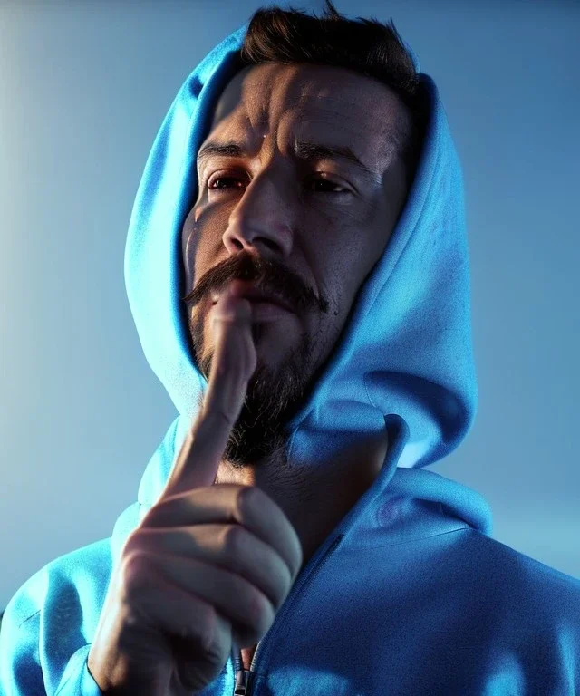 Realistic image, waist up view, a guy making the fuck you gesture with his hand, blue smoke coming out of his nose and mouth. Latex cloth, inflatable hoodie, soft color, highly detailed, unreal engine 5, ray tracing, RTX, lumen lighting, ultra detail, volumetric lighting, 3d, finely drawn, high definition, high resolution.