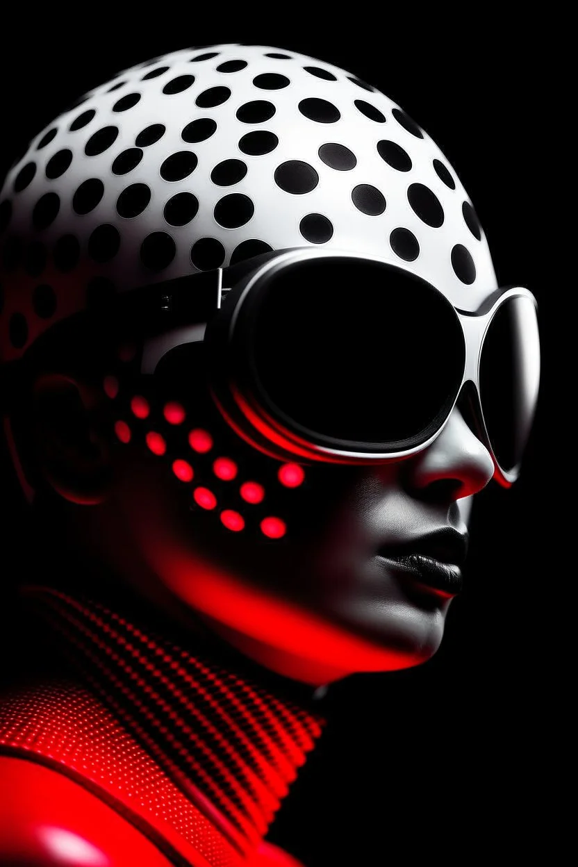 woman with red paint on full face, black round sunglasses, black and white swimming cap on head, black turtleneck, side view by joe scott , afrofuturism, futuristic, pop art, geometric, bizarre, surreal