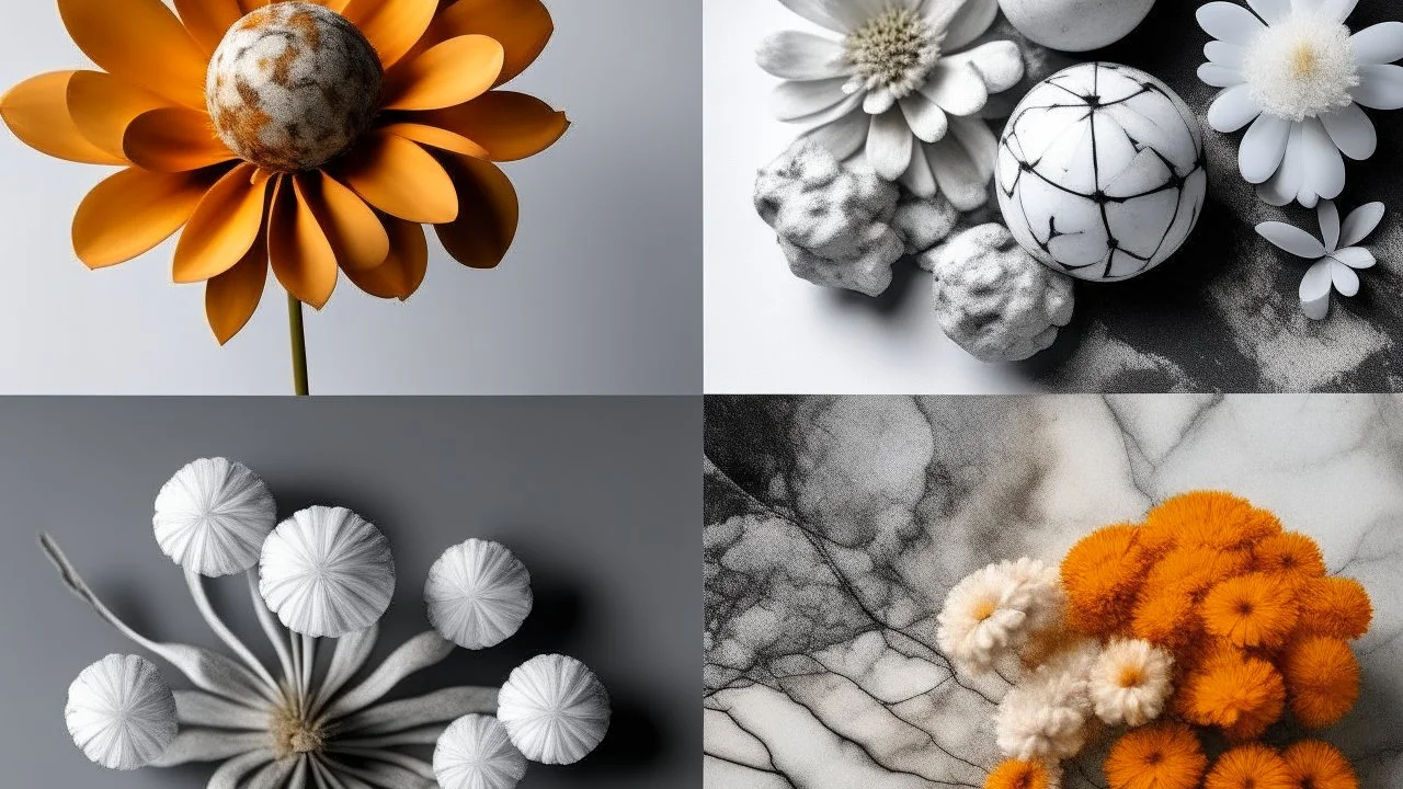 collage featuring marble sponge iron flowers, blending elements of photography, painting, and sculpture to create a visually striking composition