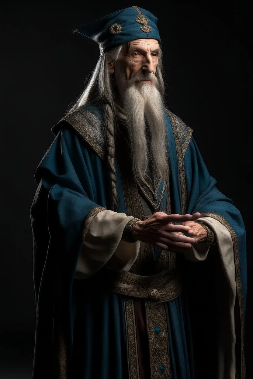 high elf male in his fifties wizard wearing medieval clothes with hands behind his back