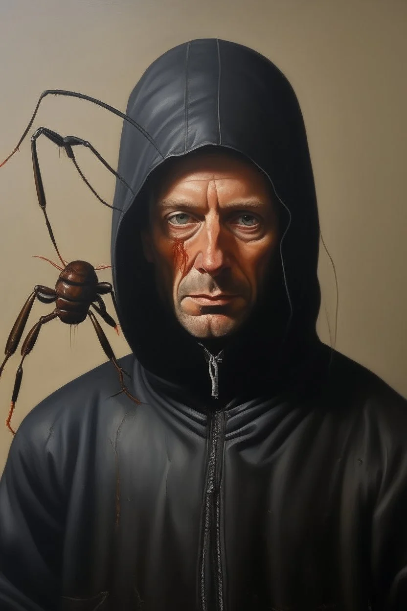 Th tall man with an Ant face with black hood , Busch painting style