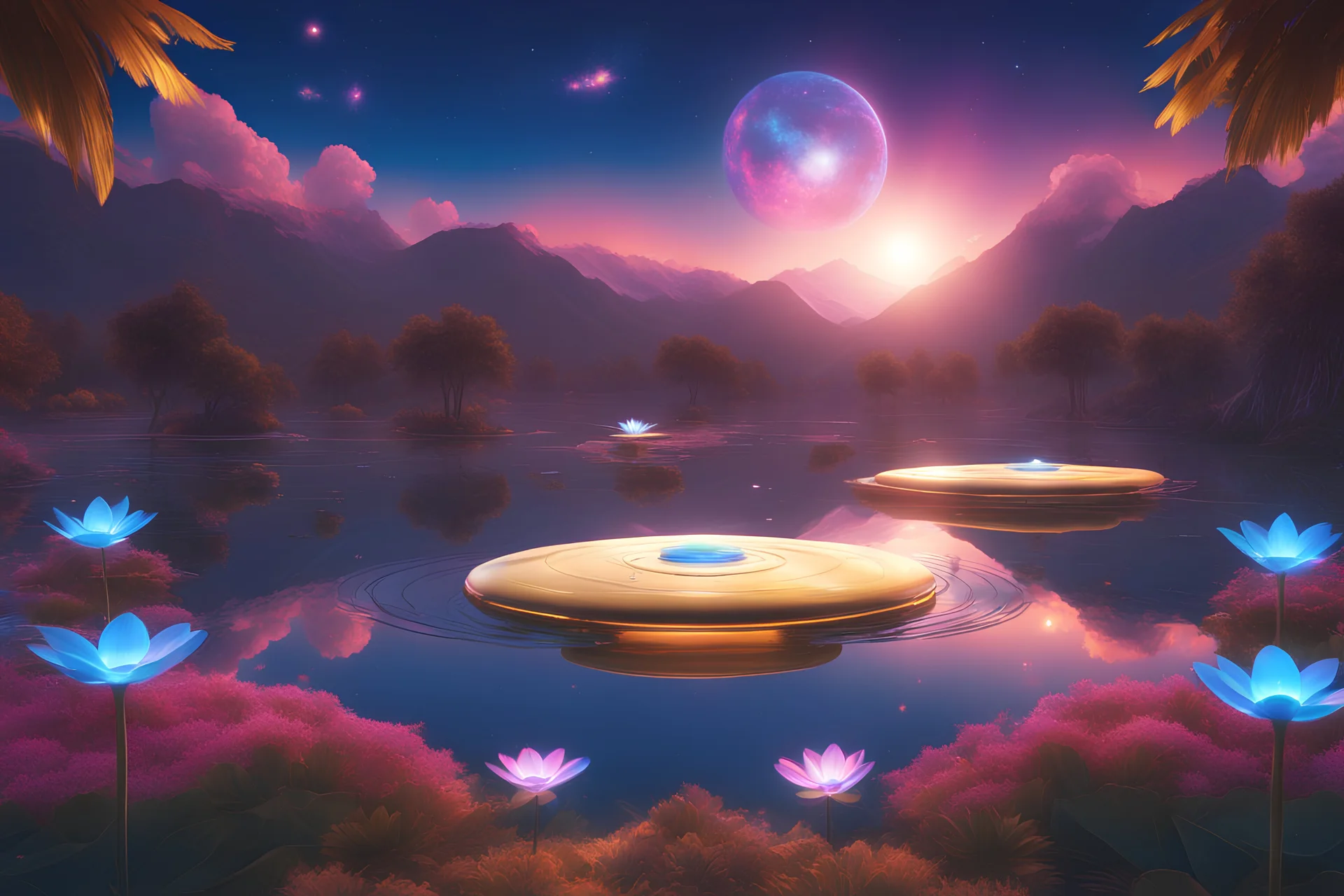 galactic landscape with stars, ((golden shining metal flying saucers)), a magic lake full of lotus flowers and fairytale surroundings with sparkling white stars tiny electric blue butterflies, vaporwave colorful, concept art, smooth, extremely sharp detail, finely tuned detail, ultra high definition, 8 k, unreal engine 5, ultra sharp focus
