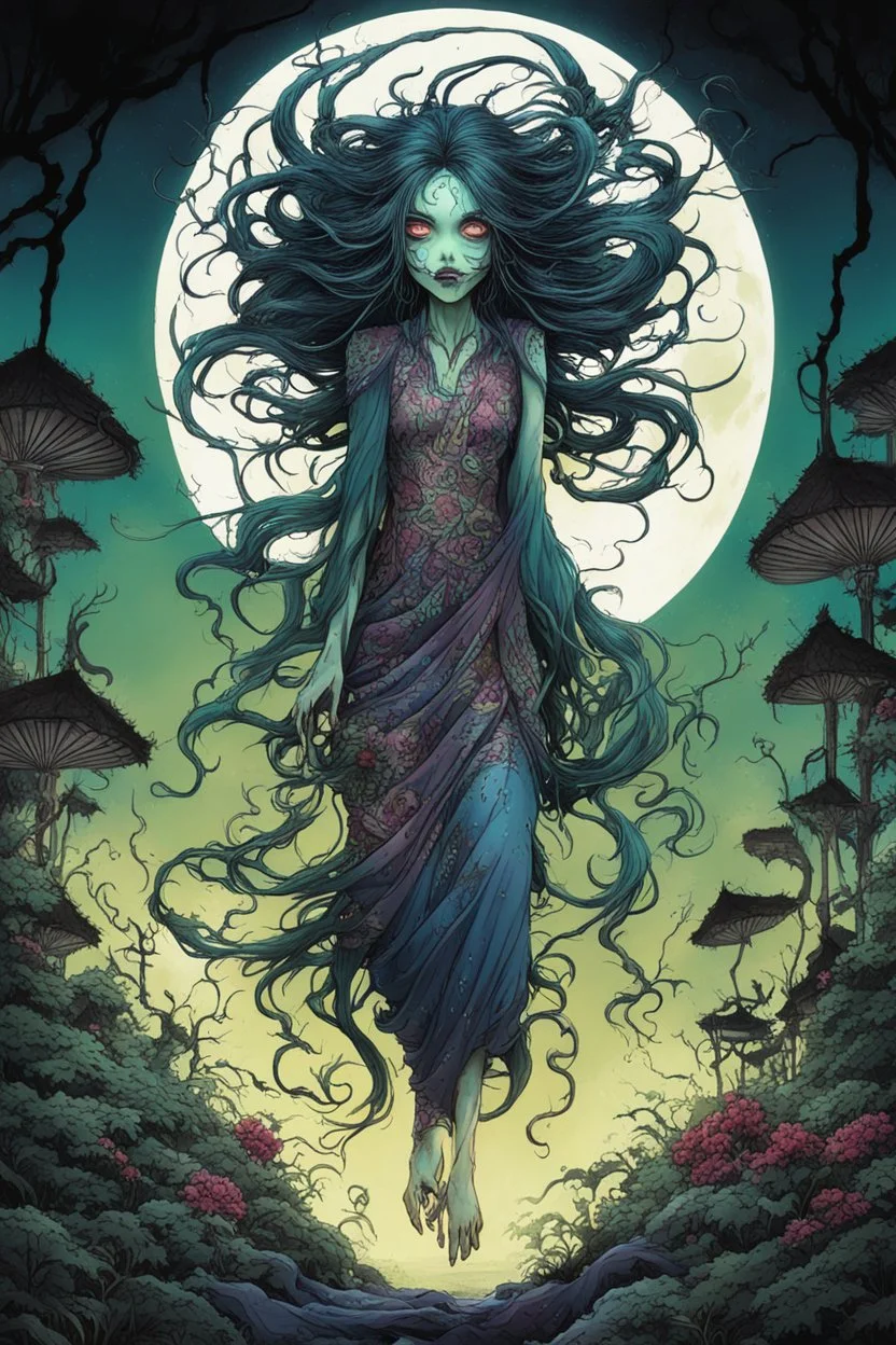 full color, full body illustration of a haggard and malevolent Harionago yokai "Barbed Woman" with wild, highly detailed dark hair and slim, narrow facial features, in a haunted Chaniwa garden, pierced by shafts of moonlight , art in the style of Alex Pardee, spirited away, studio ghibli, , 8k , finely detailed and precise line work, soft gauzy pastel colors