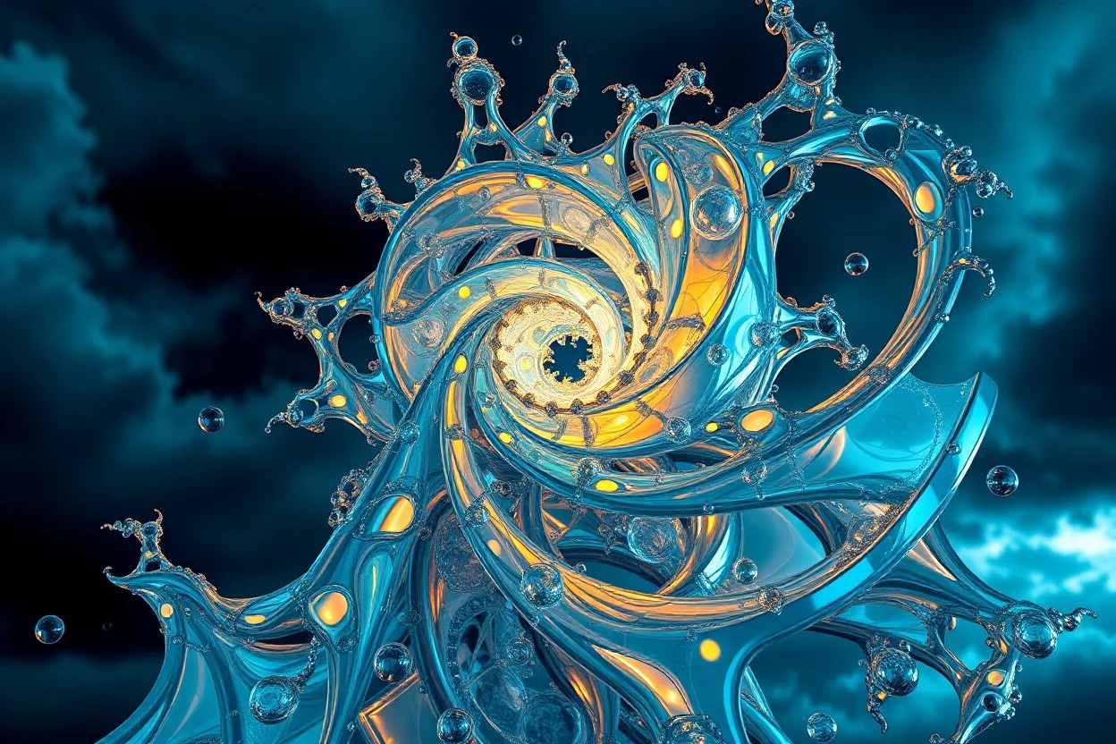 Dynamic complex hypnotic fractal 3D structures with vertical Symmetry twisting and morphing between organic and geometric forms , smooth translucent iridescent glass with inner glow and bubbles, varied transparent materials, stormy skies, intense dramatic