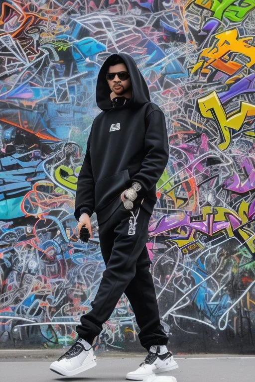 the coolest rapper ever with hoody and trendy clothes. graffiti wall in background are full of nft images and crypto currency symbols