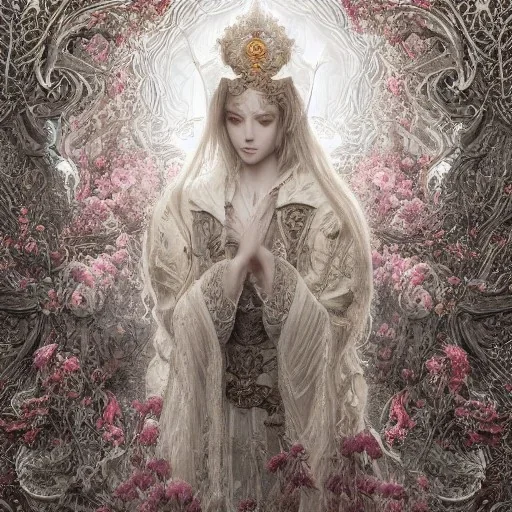 Insanely detailed photograph of an “portrait of gorgeous germanic priest” with intricate hair,symmetry,intricate embroidered dress, beautiful clear face and hyperdetailed painting by Ismail Inceoglu Huang Guangjian and Dan Witz CGSociety ZBrush Central fantasy art album cover art,8K, hdr, romantic, mysterious, ominous, flowers, jewelry, comfort, natural eyes, "arms open for embrace"