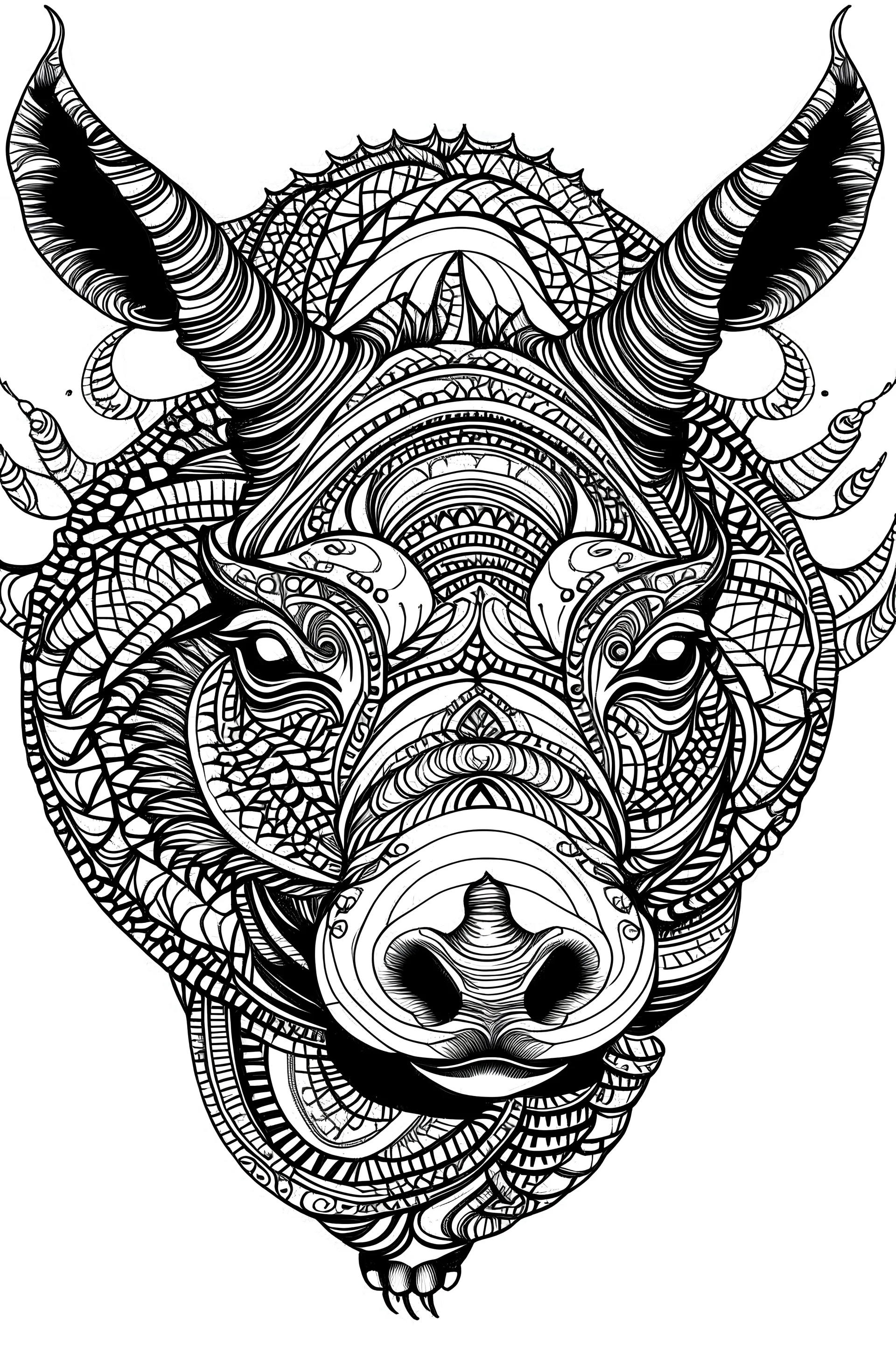 mandala rhinoceros with horn : black and white with white background.