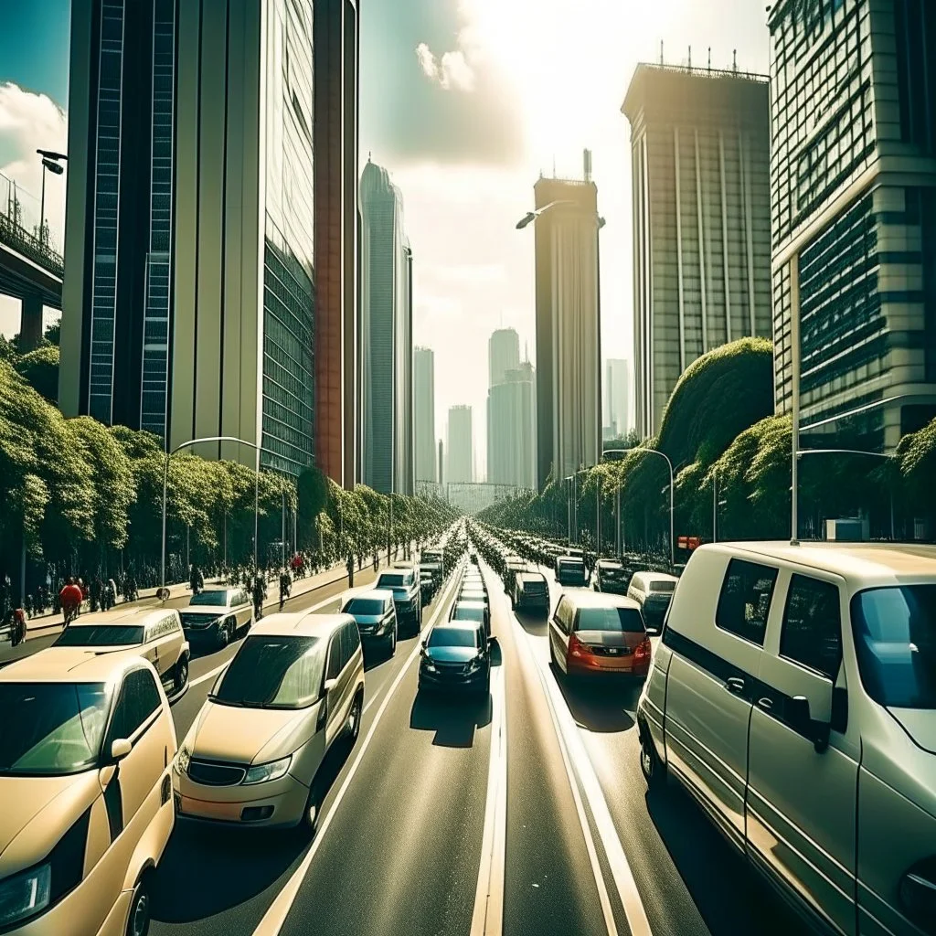 traffic jam in beautiful city with tall buildings
