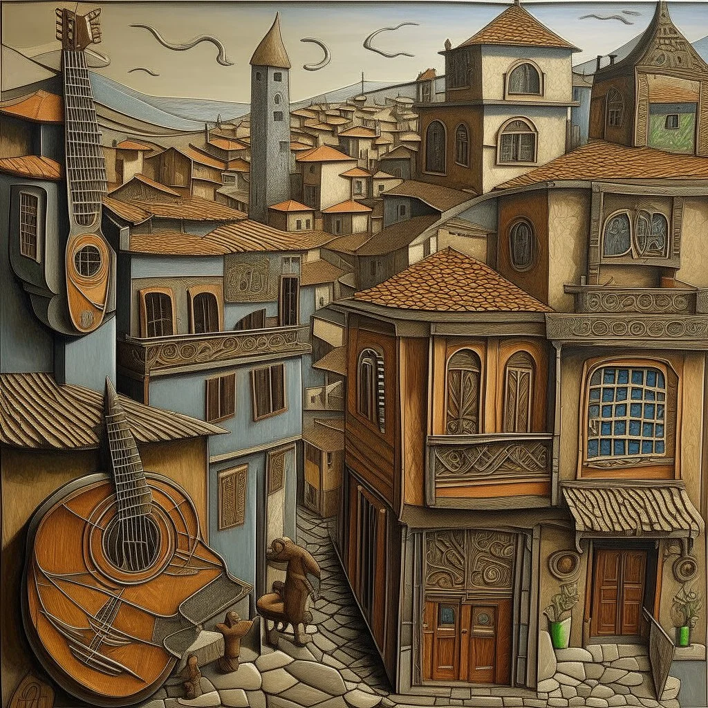 A grayish copper brown town with acoustic guitar shaped buildings designed in Oaxacan alebrijes painted by Max Ernst