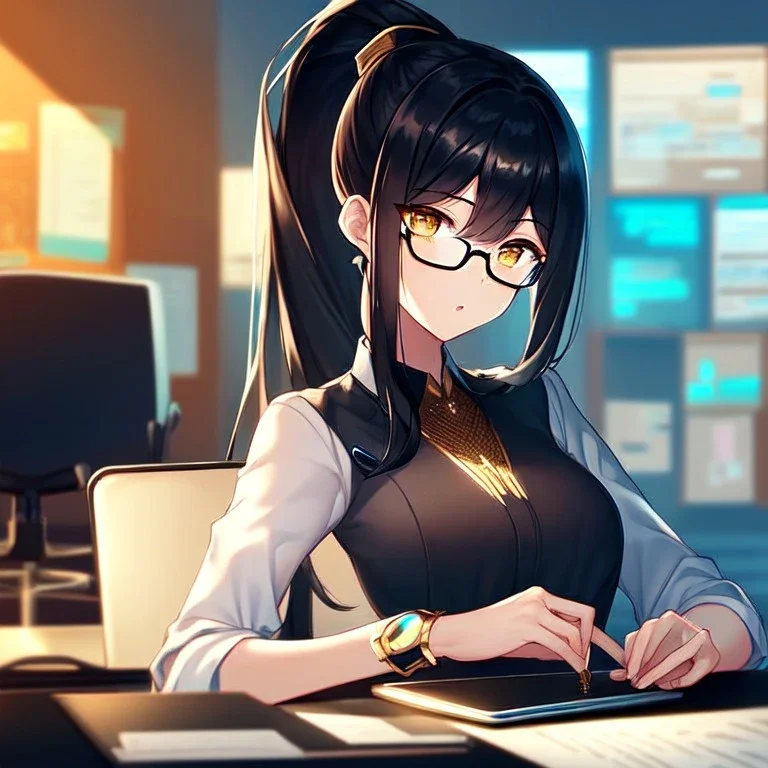 girl, masterpiece, best quality, cinematic lighting, detailed outfit, perfect eyes, black hair, golden eyes, long hair, ponytail, black glasses, at office, hairclip,