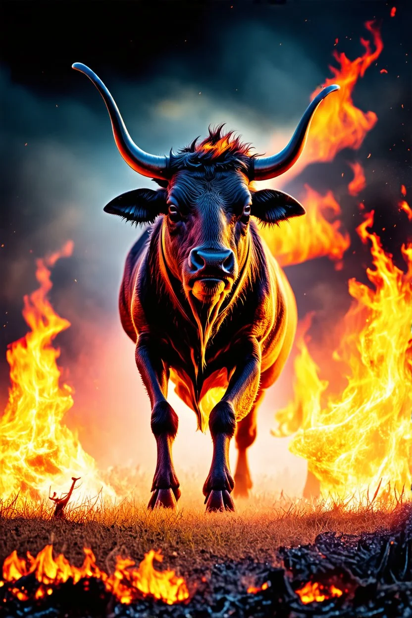 a mix between a bull and a hornet, bestial and fearsome, over a field of ash and fire, darkness, high image resolution