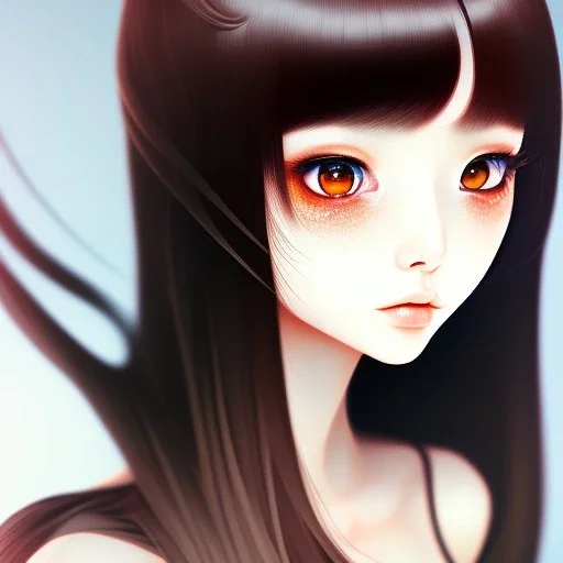 Japanese girl with big brown eyes and long black hair with bangs