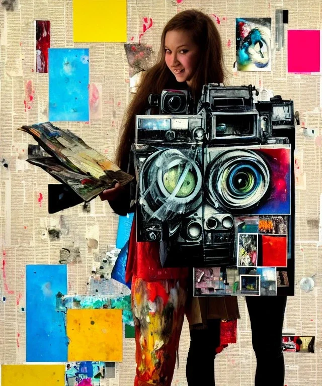 happy beautiful girl holding big proffesional camera in studio. street art, oil on canvas, spray paint, collage, letters, newspapeers, Dave McKean, Vladimir Fedotko, Saturno Butto, Vaughn Bodé, Frank Wu, James C. Christensen, collage, dirty, paint dripping, radiant