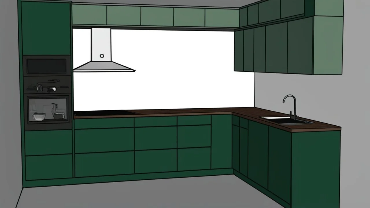 dark green kitchen like in the photo with forest wallpaper on the wall, very realistic