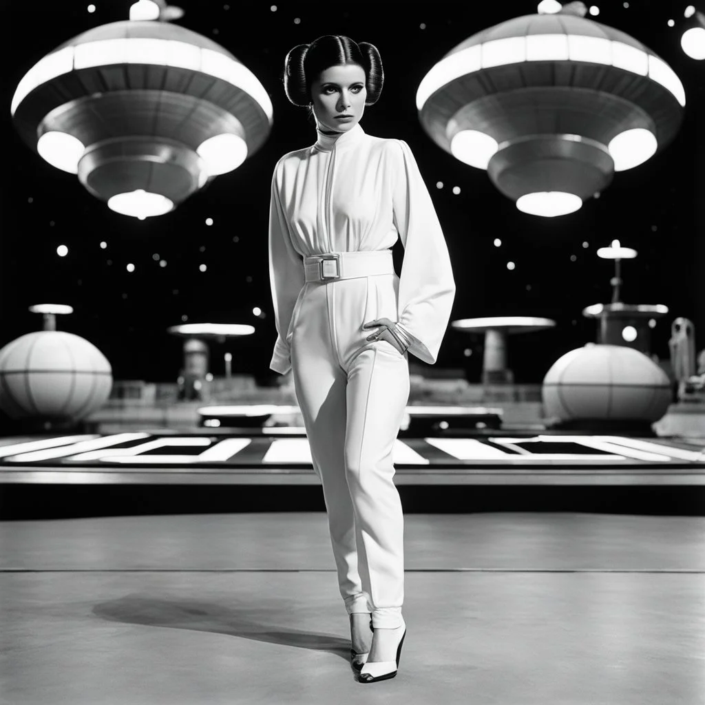 a standing revealing full body black and white photoshoot Princess Leia with her Star Puffs hairstyle, she is poised on hands and knees, by Helmut Newton, typical for the suggestive style of Newton (high quaintly perfect photo) the background is a space dock