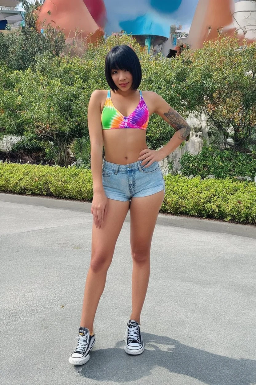 a hot, extremely well-endowed female named Brenda Freemont, with short, crew-cut, Black Hair, wearing a tight, ill-fitting, colorful, multicolored tie-dye swim suit top, and extremely short jean shorts, and converse sneakers, posing at Disneyland