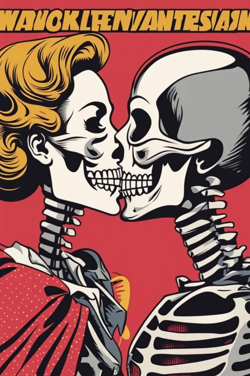 Funny Retro skeleton kiss woman valentine comic poster, in the style of Roy Lichtenstein