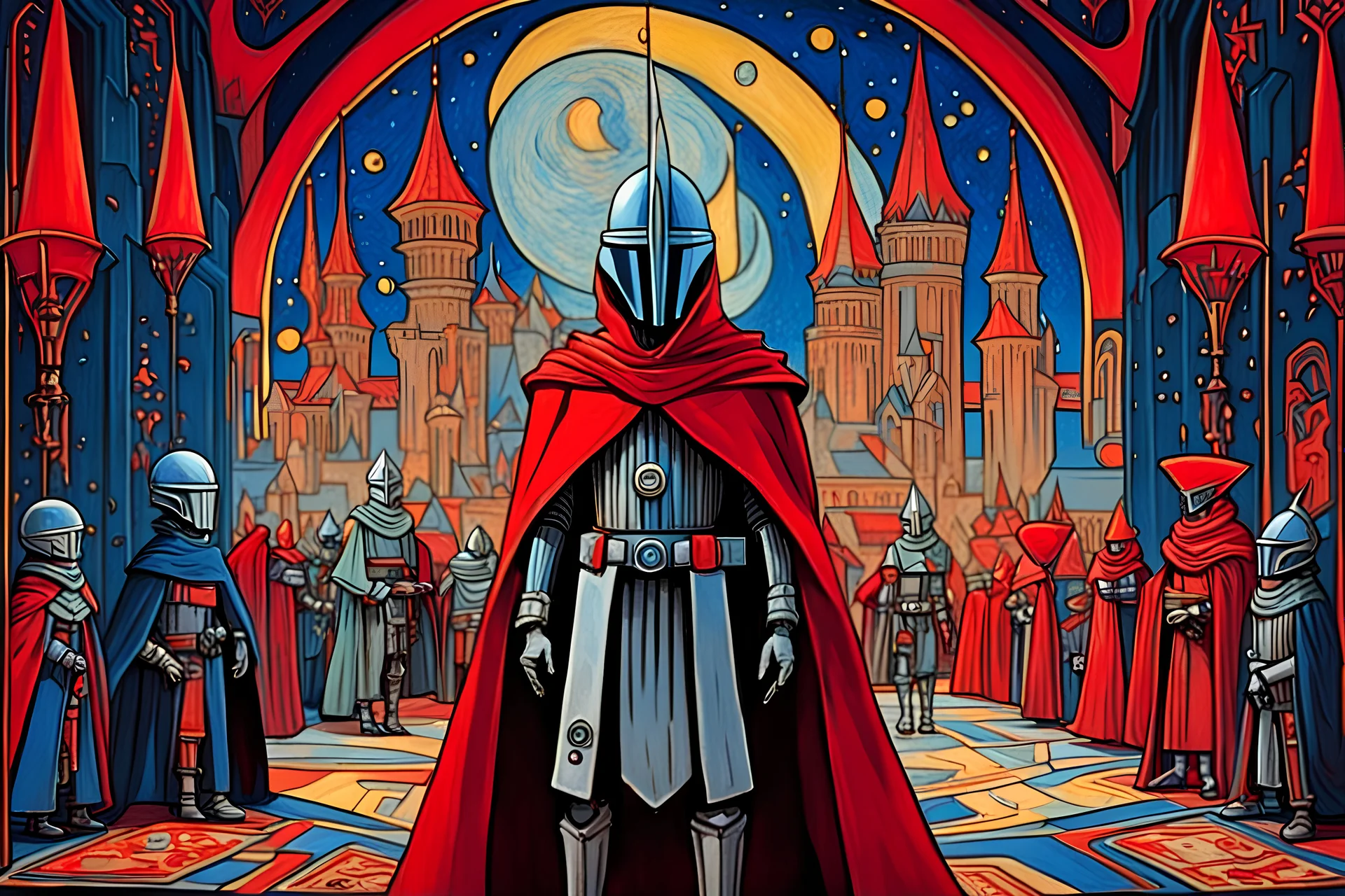 4K Xue Wang style, young futuristic StarWars knight Parcival, Avant-garde futuristic Medieval cyber fashion, talks to Cardinal's Council, Austrian Symbolism, arcane atmosphere, Ludwig Bemelmans tufting tapestry Art, by Mario Bava movie