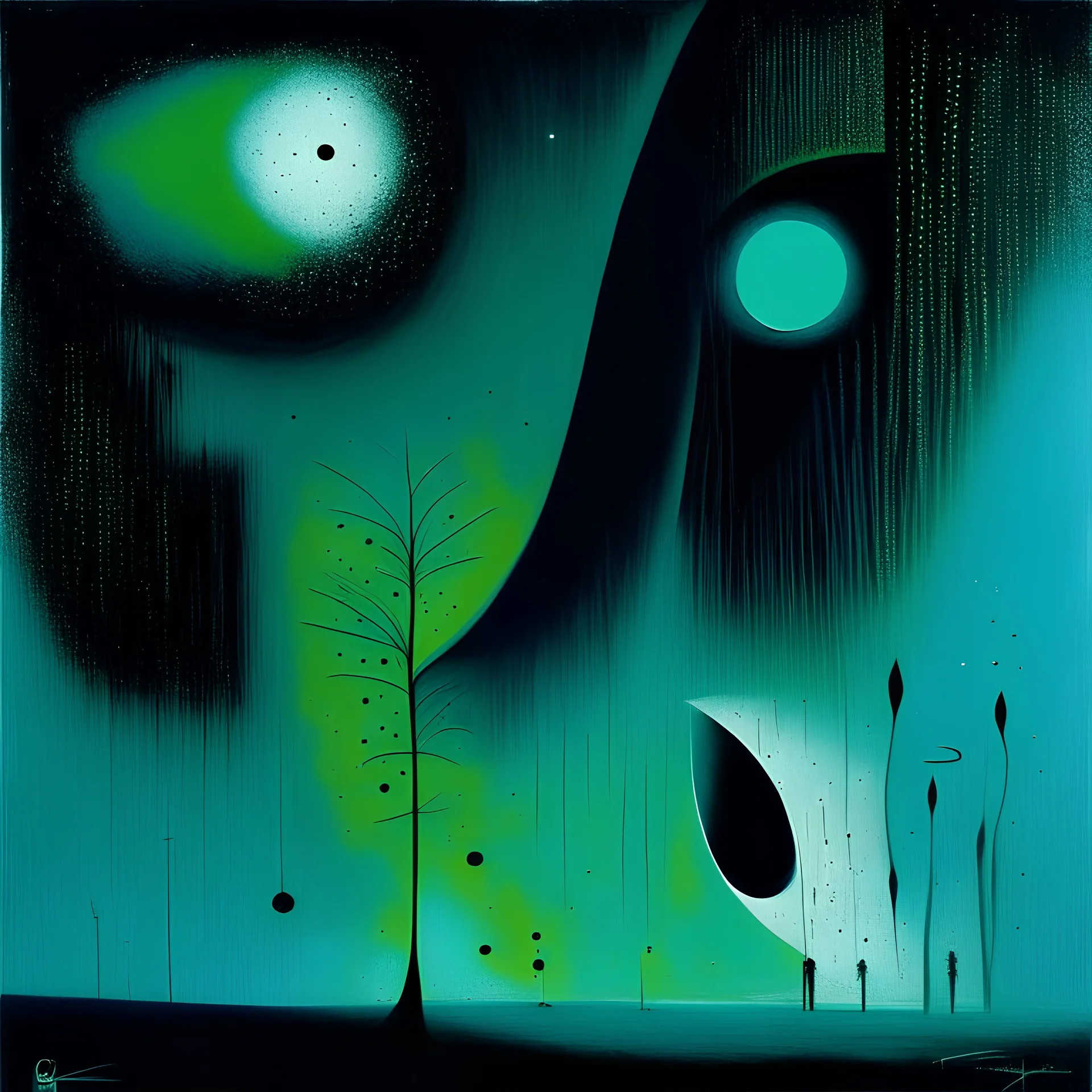 I get night Fever, night fever, Style by Colin McCahon and Joan Miro and Victor Pasmore, surreal abstract art, surreal masterpiece, sharp focus, smooth, green hues and blue tints, black - white color scheme, loosely based on the nightmare art of Zdzislaw Beksinski