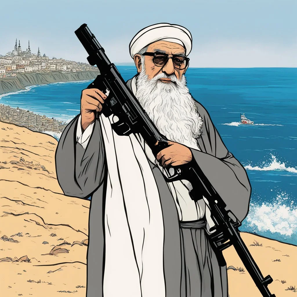 [illustration by Charles Bukowski] the Grand Ayatollah Ali Khamenei has the biggest gun over the strait of Ormuz (A Better Tomorrow, The Killer, Hard-Boiled) he takes it from under his robe