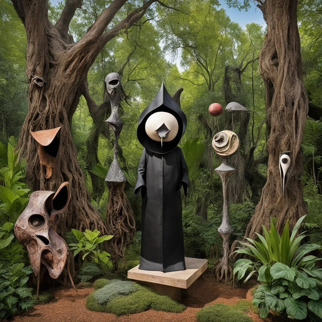 Surreal composition by Adolph Gottlieb and Hieronymous Bosch and Otto Rapp, Bogomil cryptid taxidermy, maximalism, plague doctor beak mask statue in garden of metal junk, abstract metallic rococco art, absurd abominations, weirdcore,